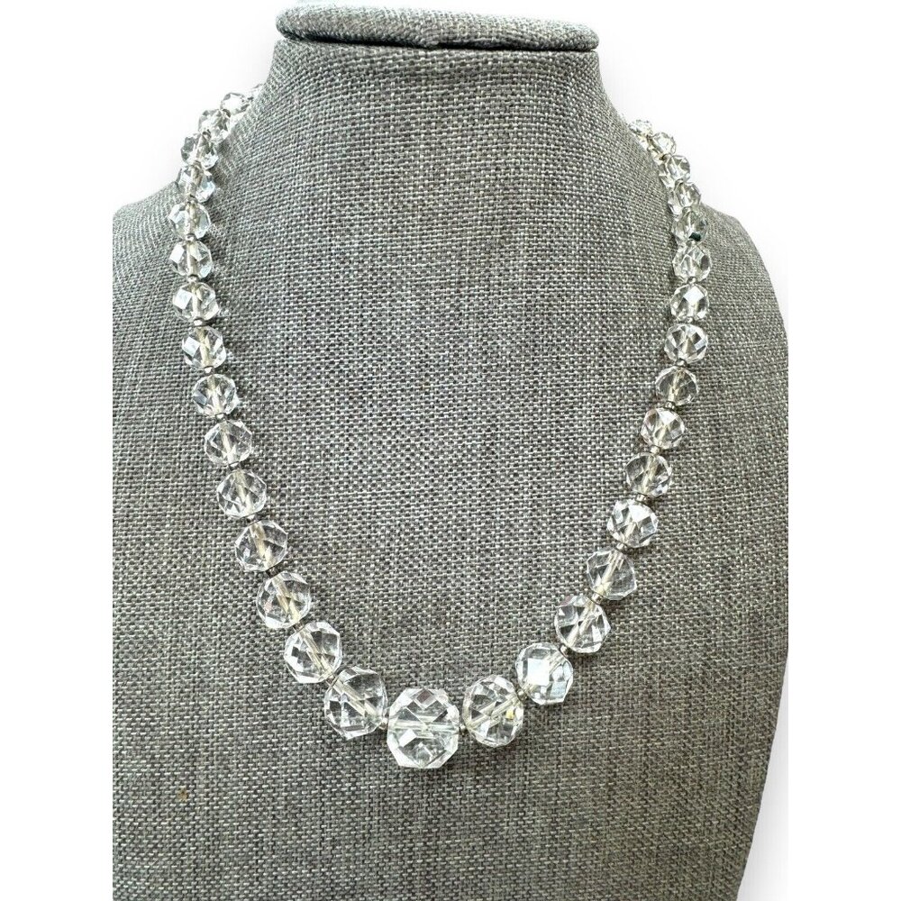 Antique Crystal Bead Necklace Clear Faceted Glass Adjustable 14"–16"